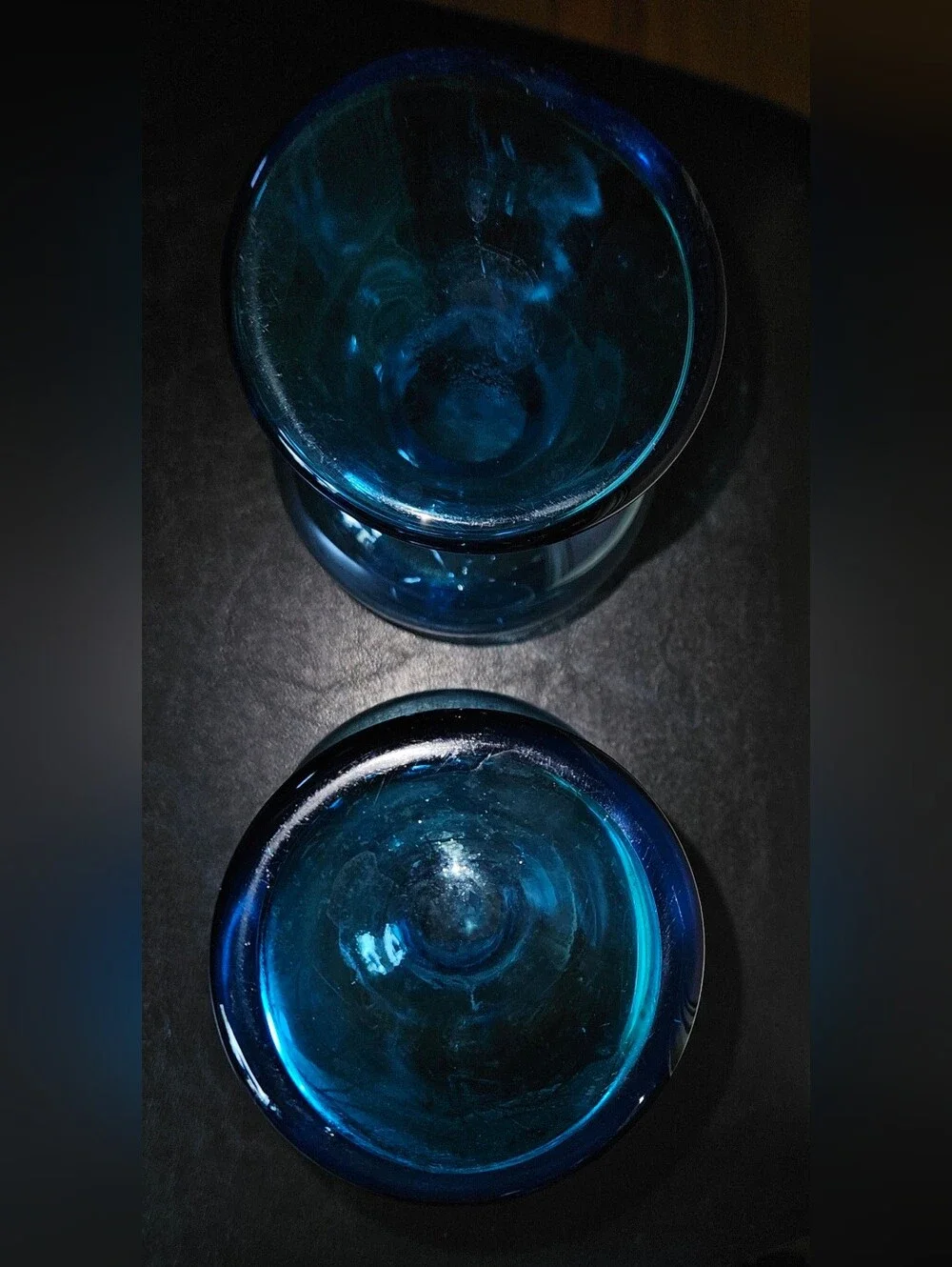 2 Vintage Mid-Century Modern Empoli art Glass Goblets or Vases Turquoise Blue